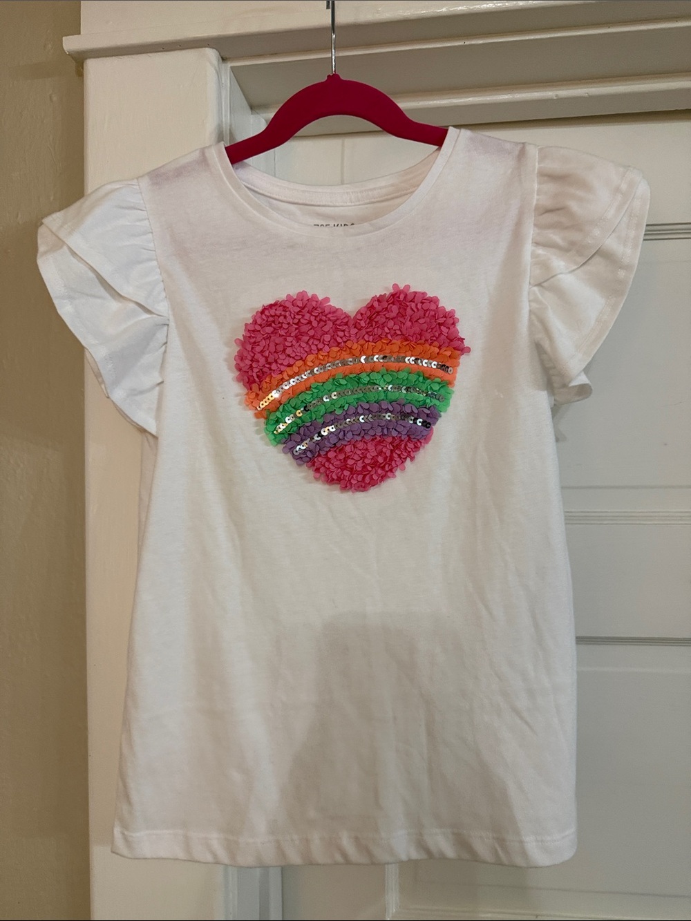 365 Kid Girls White Flutter Sleeve Tee Pink Heart Rainbow Sequin Stripes Sz 10
